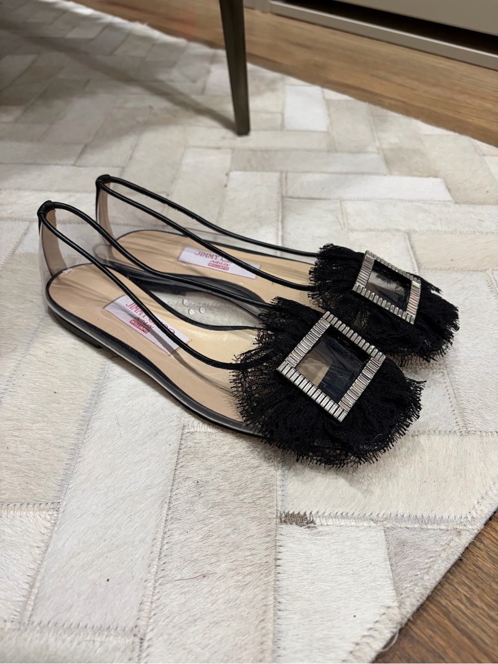 Jimmy Choo Black lace Flats with Crystal Square Buckle